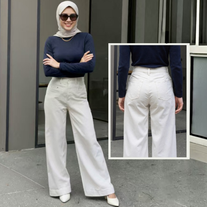 Celana Jeans Wanita Kulot Panjang Wide Leg High Waist Putih Jumbo Cutbray