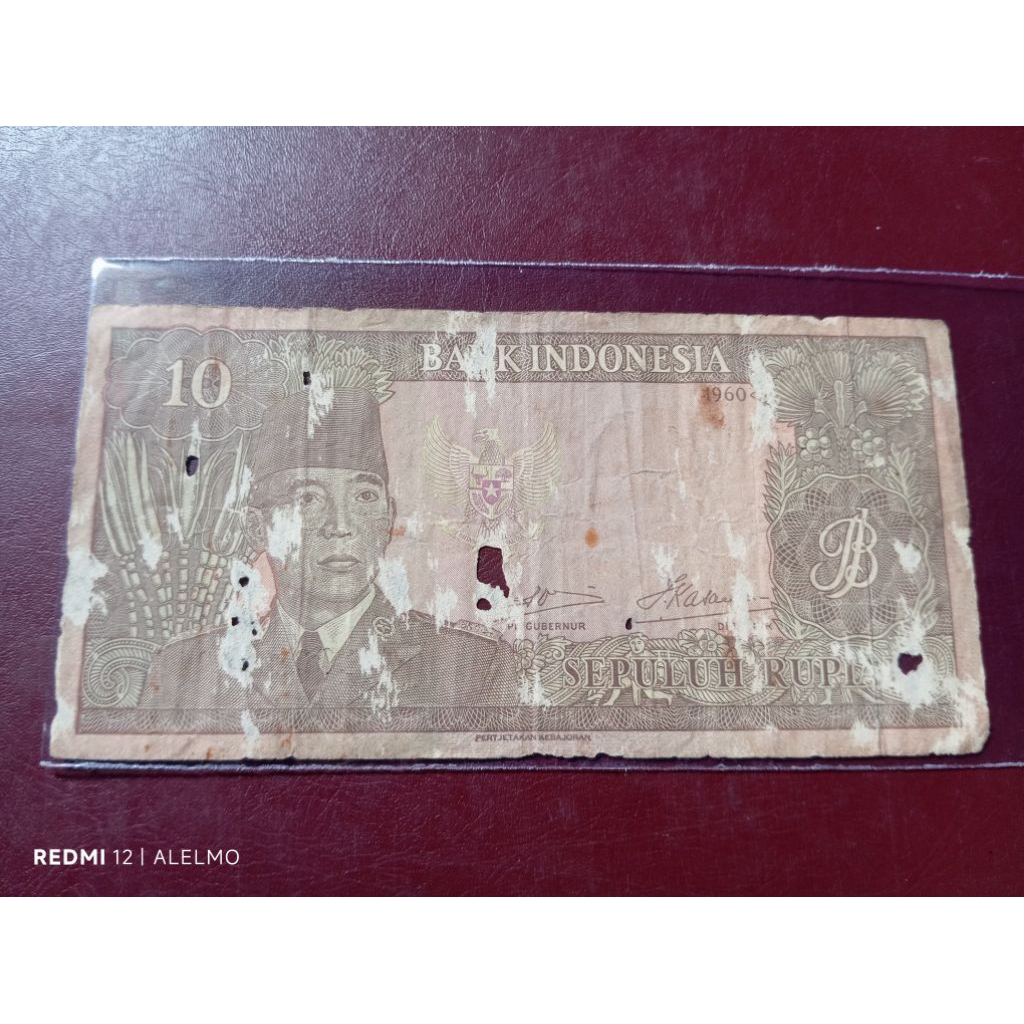 uang kertas 10 rupiah sukarno 1960 bekas asli jelek
