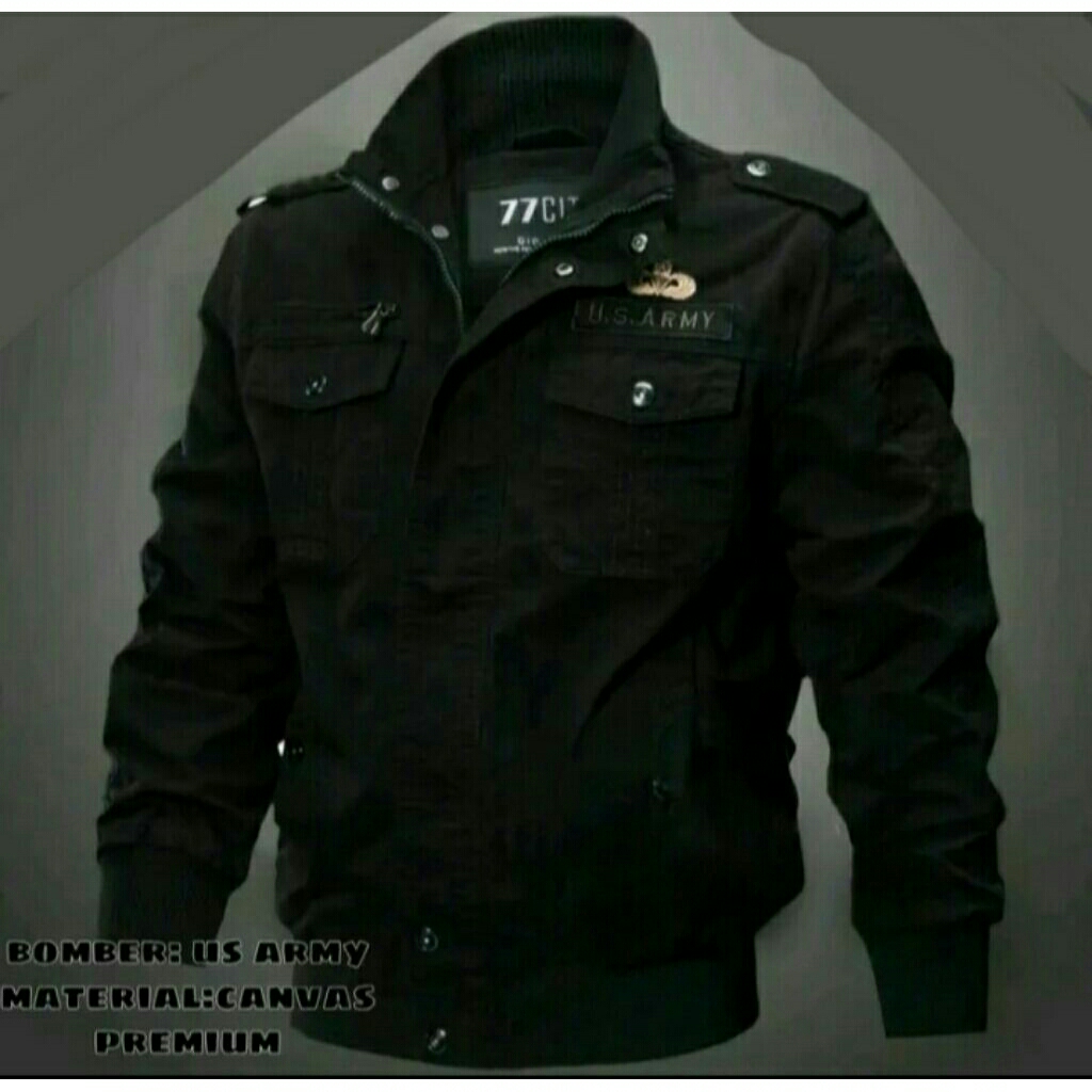jacket us army canvas hitam /jacket bomber hitam pria/jacket bomber distro/bomber premium