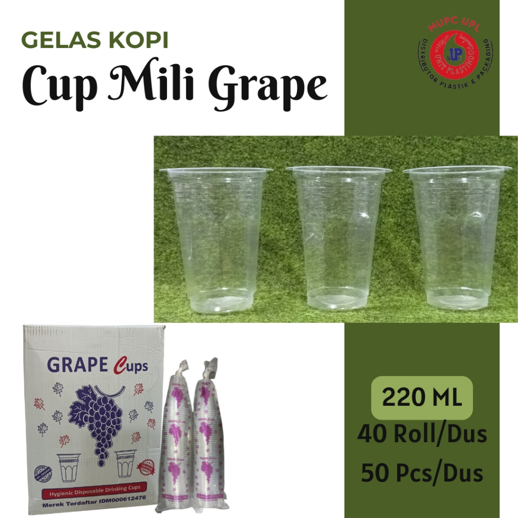 GELAS PLASTIK CUP KOPI MEREK ANGGUR / CUP MILI GRAPE ANGGUR 220 ML PER 50pc