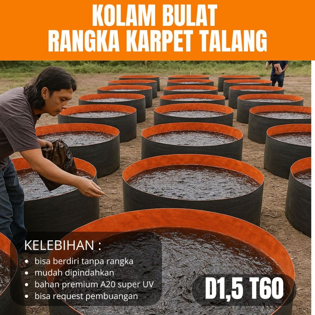 Kolam Terpal Bulat A20 Premium D1.5 T60 – Rangka Karpet Kokoh, Bisa Berdiri Tanpa Rangka Tambahan | 
