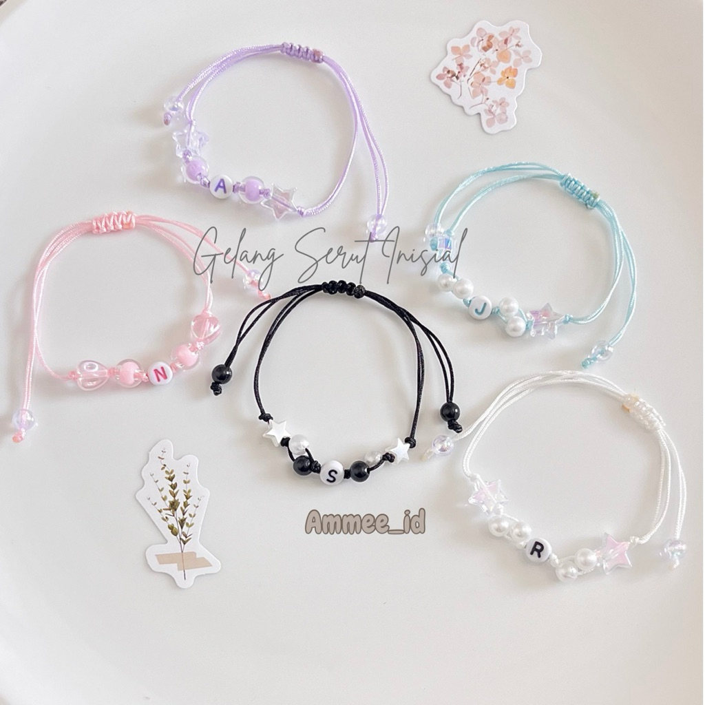 Gelang serut inisial manik premium / Gelang serut inisial / Gelang serut tali premium