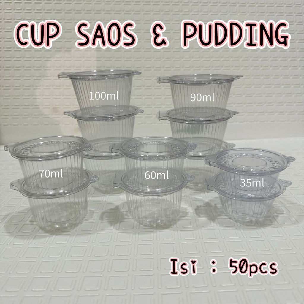 Isi 50pcs Mika Cup Pudding Agar / Mika Sambal + Tutup Sambung 35ml 60ml 70ml 90ml 100ml Tempat Saos 