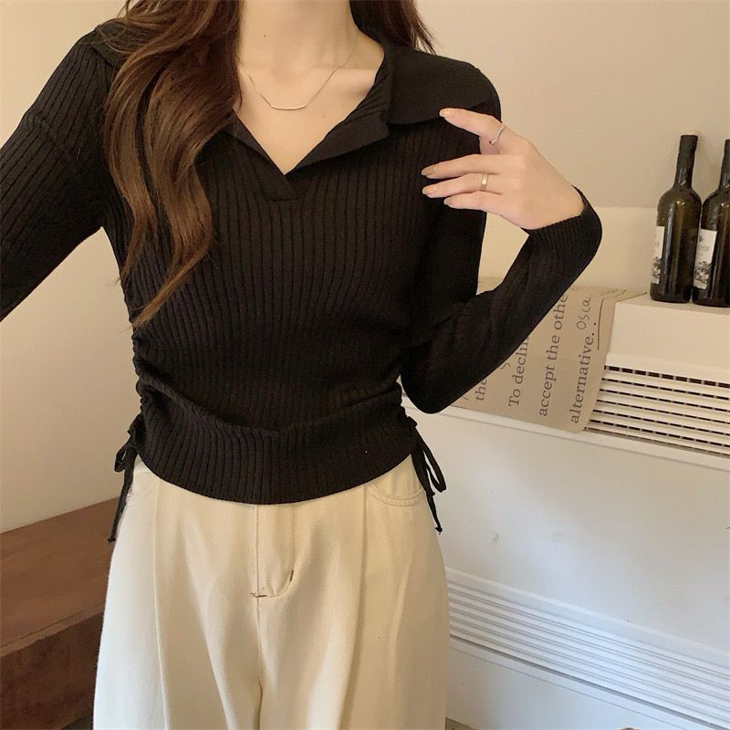 Atasan Rajut Wanita Korea Style Lengan Panjang Vneck Samping Kerut Tali Serut