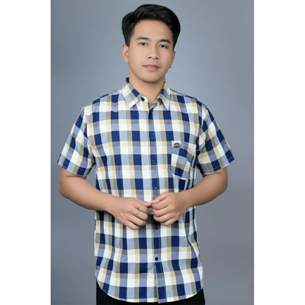 kemeja pria lengan pendek motif kotak-kotak kemeja pria salur kemeja pria pendek