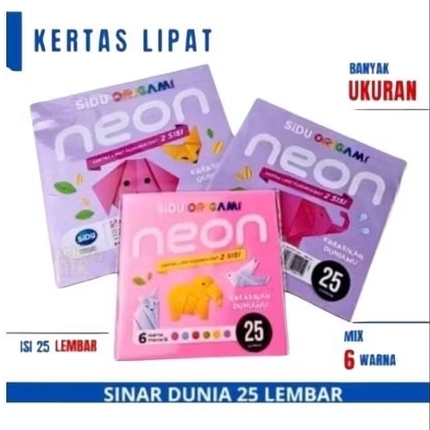 

Kertas Lipat Origami SIDU NEON 2 sisi 12x12, 14x14, 16x16, 20x20 / Kertas origami 2 sisi NEON SIDU isi 25 lembar / Origami kertas lipat neon sidu 2 sisi