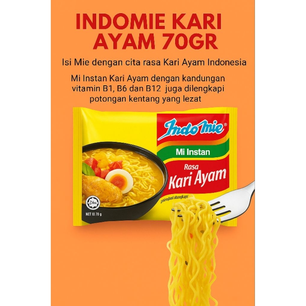 

Indomie Kari Ayam 1 Pcs - Mie Instan Halal Rasa Gurih Pedas Lezat
