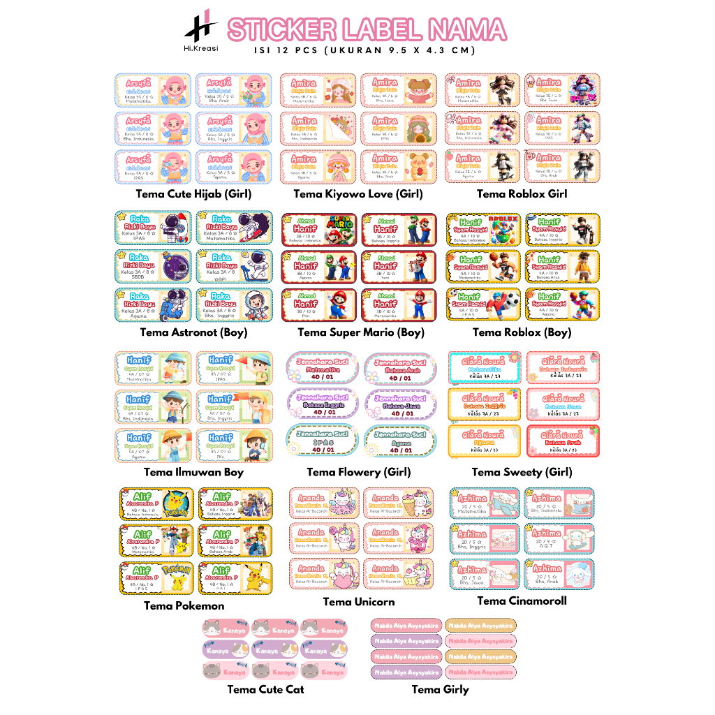

Sticker Label Nama Buku isi 12pcs (Ukuran 9.5 x 4.3 cm) Tema Kartun Anime Roblox Astronot Super Mario dll