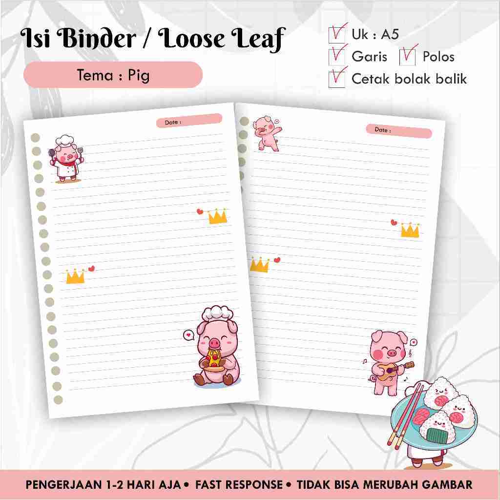 

[10pcs] Isi Binder / Loose leaf gambar A5 Tema PIG / Refill Map Binder / Garis Polos