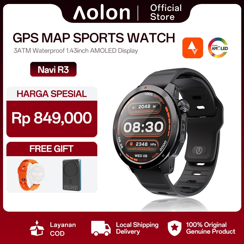 Aolon Navi R3 Smart Watch GPS Map Running Pace ​​AMOLED AOD Display Jam Tangan Pria Navigation Altit