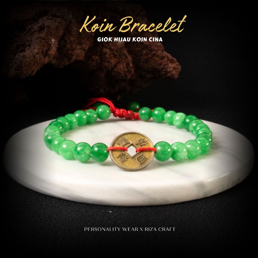KOIN BRACELET - Gelang Aesthetic Pria Wanita Keren Terbaru Batu Alam Giok Hijau Sekat Koin China keu