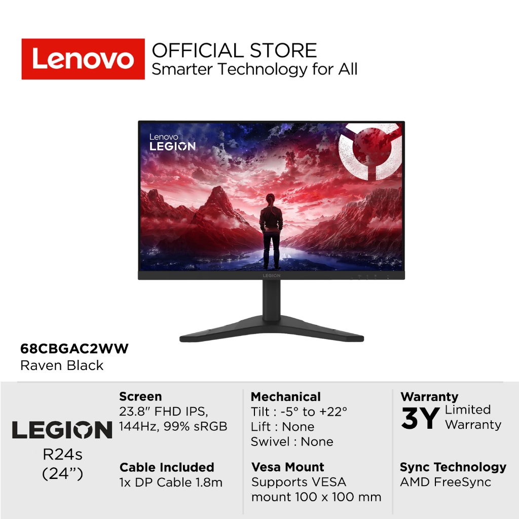 Lenovo Gaming Monitor Legion R24s 23.8" FHD IPS Antiglare 144Hz 250nits AMD FreeSync 99% sRGB Stand 