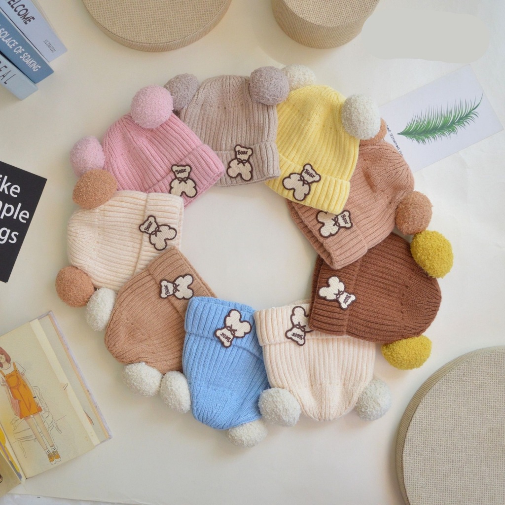 (Baru Lahir - 12 Bulan) Topi Kupluk Rajut Bear Ball Unisex Premium Murah