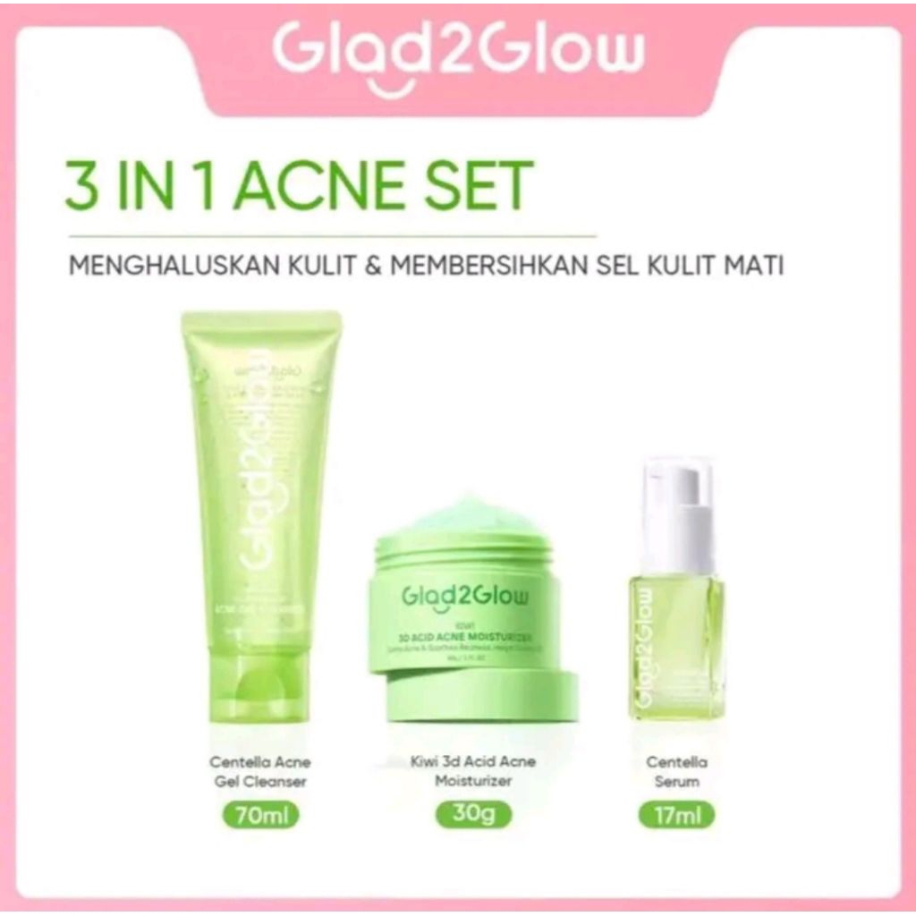 [ 3 IN 1 ] GLAD2GLOW Paket Jerawat [ Cleanser Centella + Moisturizer Kiwi + Serum Centella ]