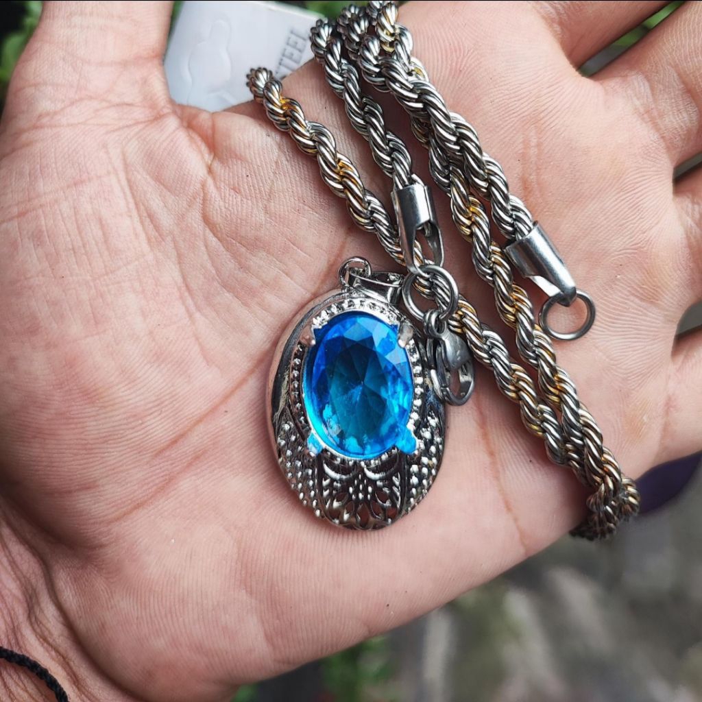 Kalung liontin batu akik blue topaz cutting