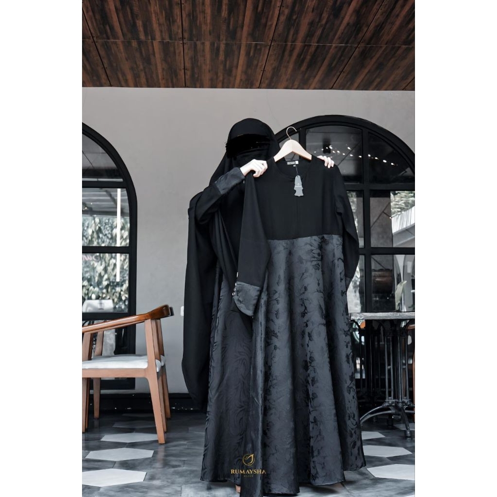 ASWAD SERIES / GAMIS SET JETBLACK KHIMAR MODEL V NON PET/ GAMIS UMROH HITAM PEKAT ORI BY RUMAYSHA HI