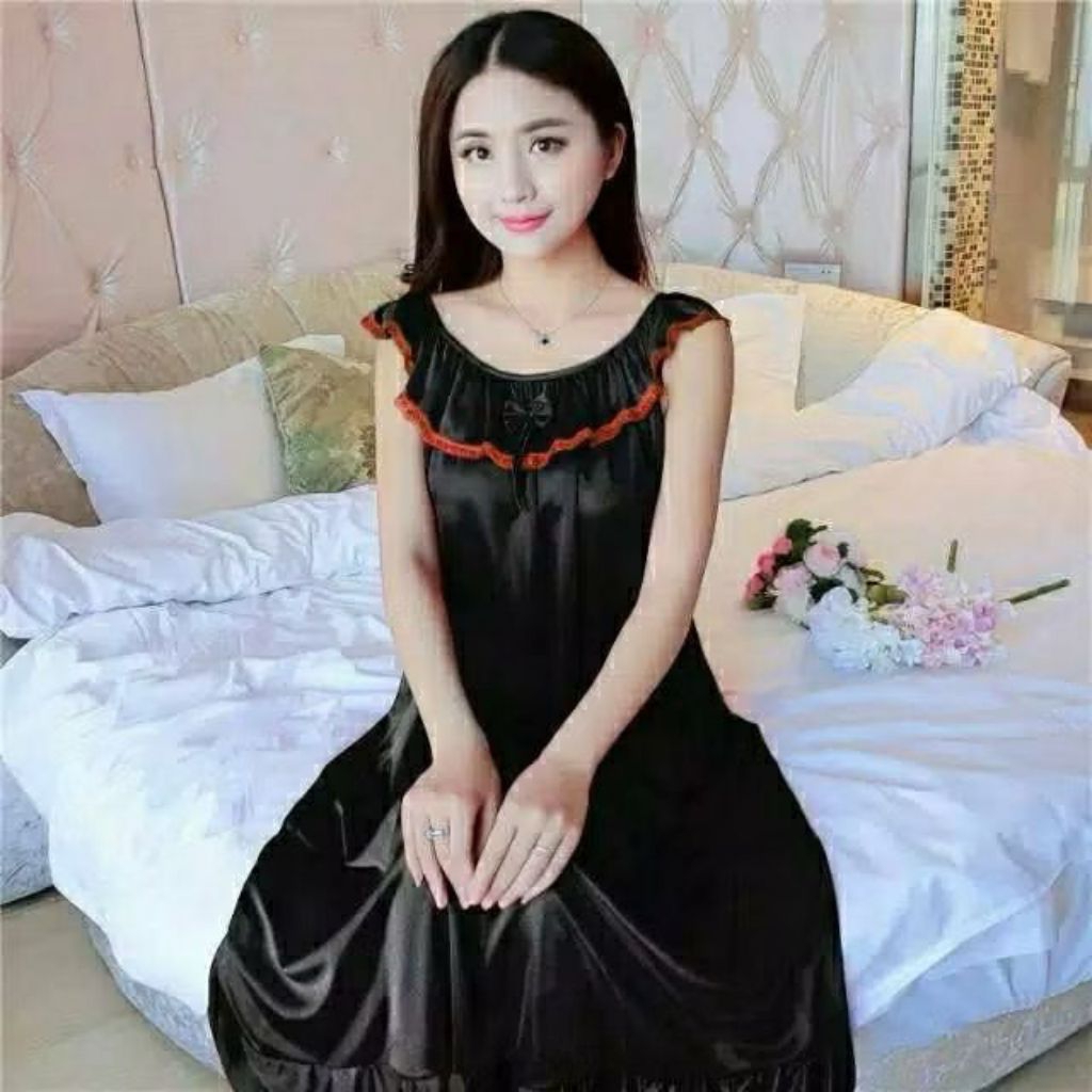 KEVINSTORE - Daster Jumbo Satin Brukat List Hitam Pita Terbaru