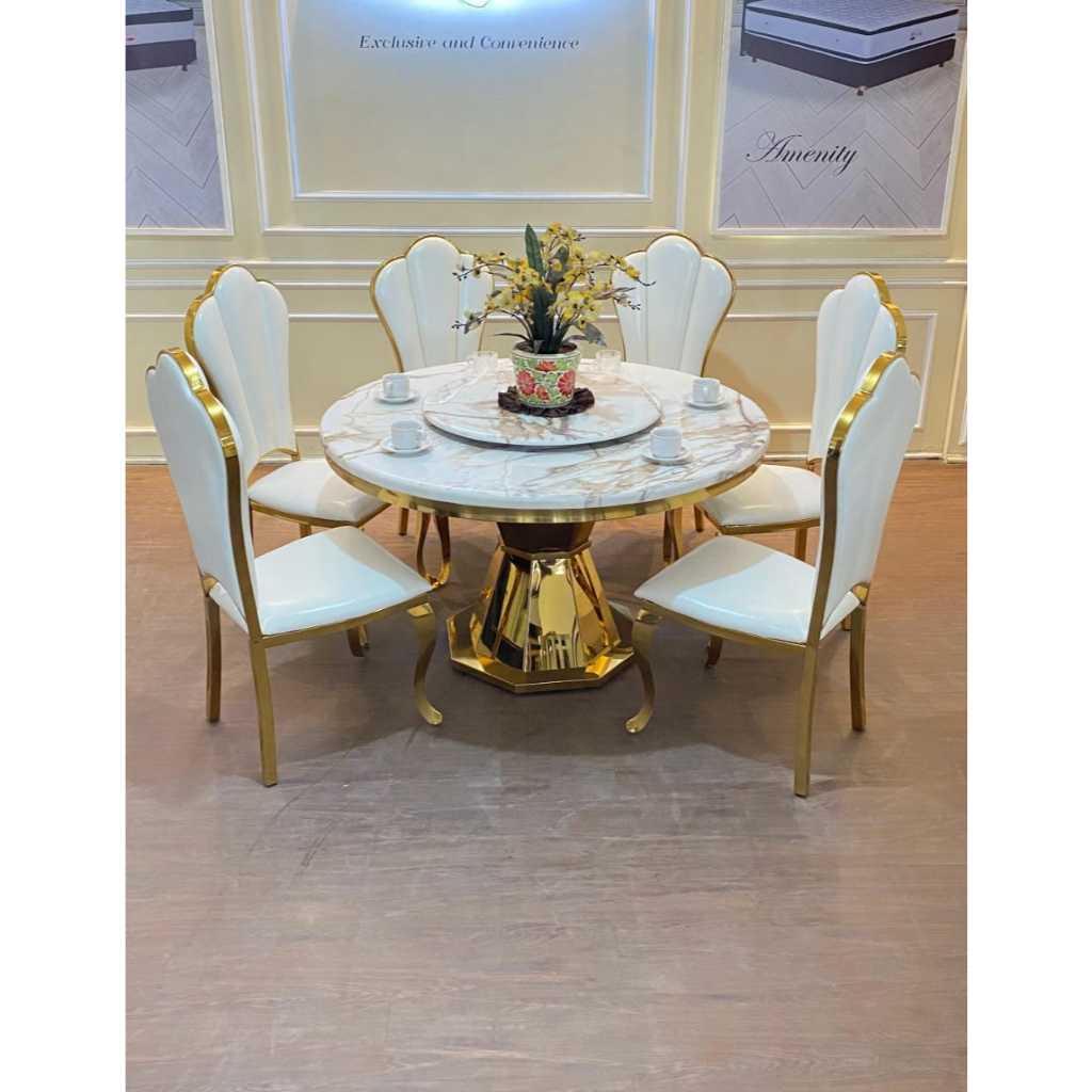 Meja Makan Bulat Marmer Putar