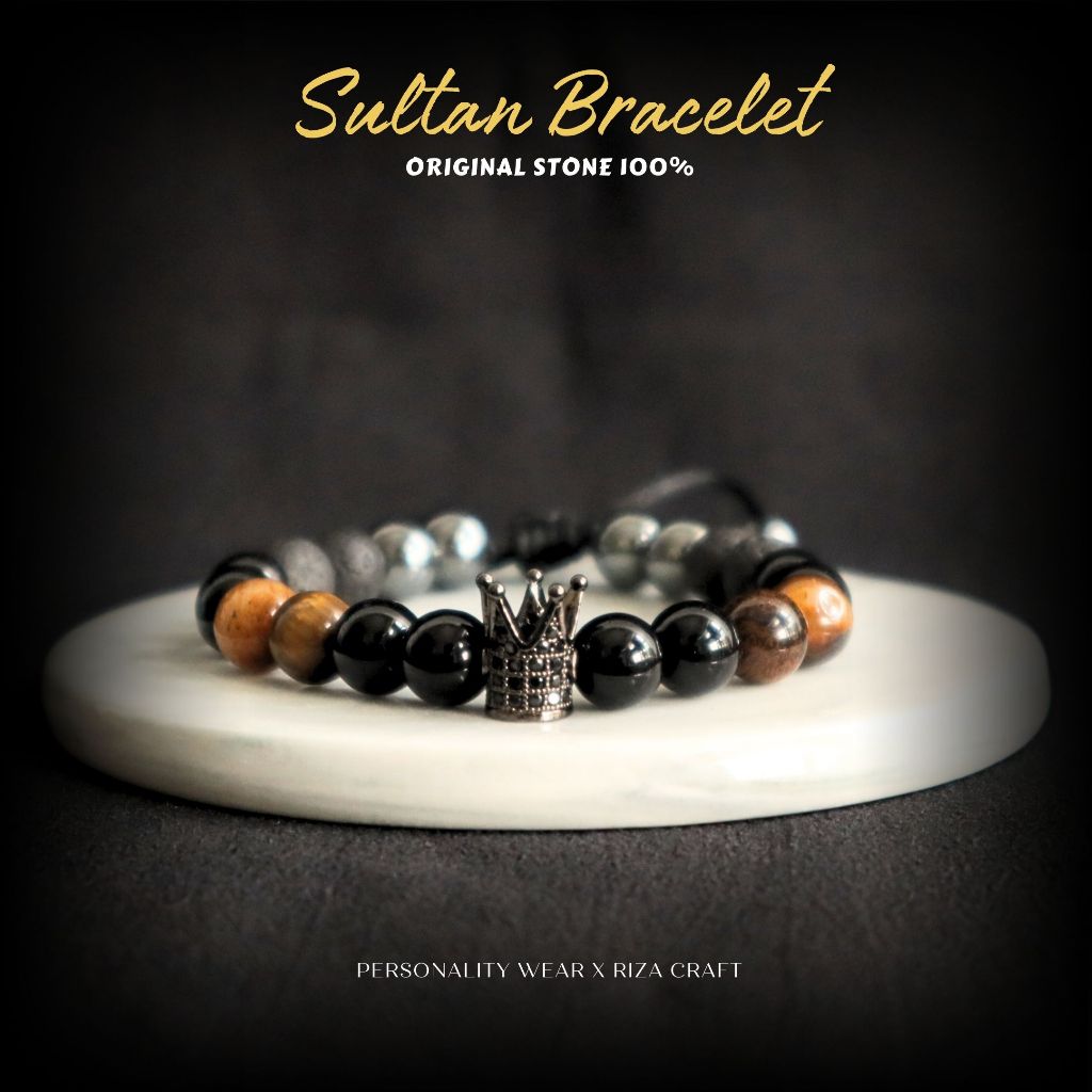 SULTHON BRACELET Gelang Serut Batu Alam Kristal Akik Tiger Eye lava Onyx Hitam Badar Besi ASLI Kalim