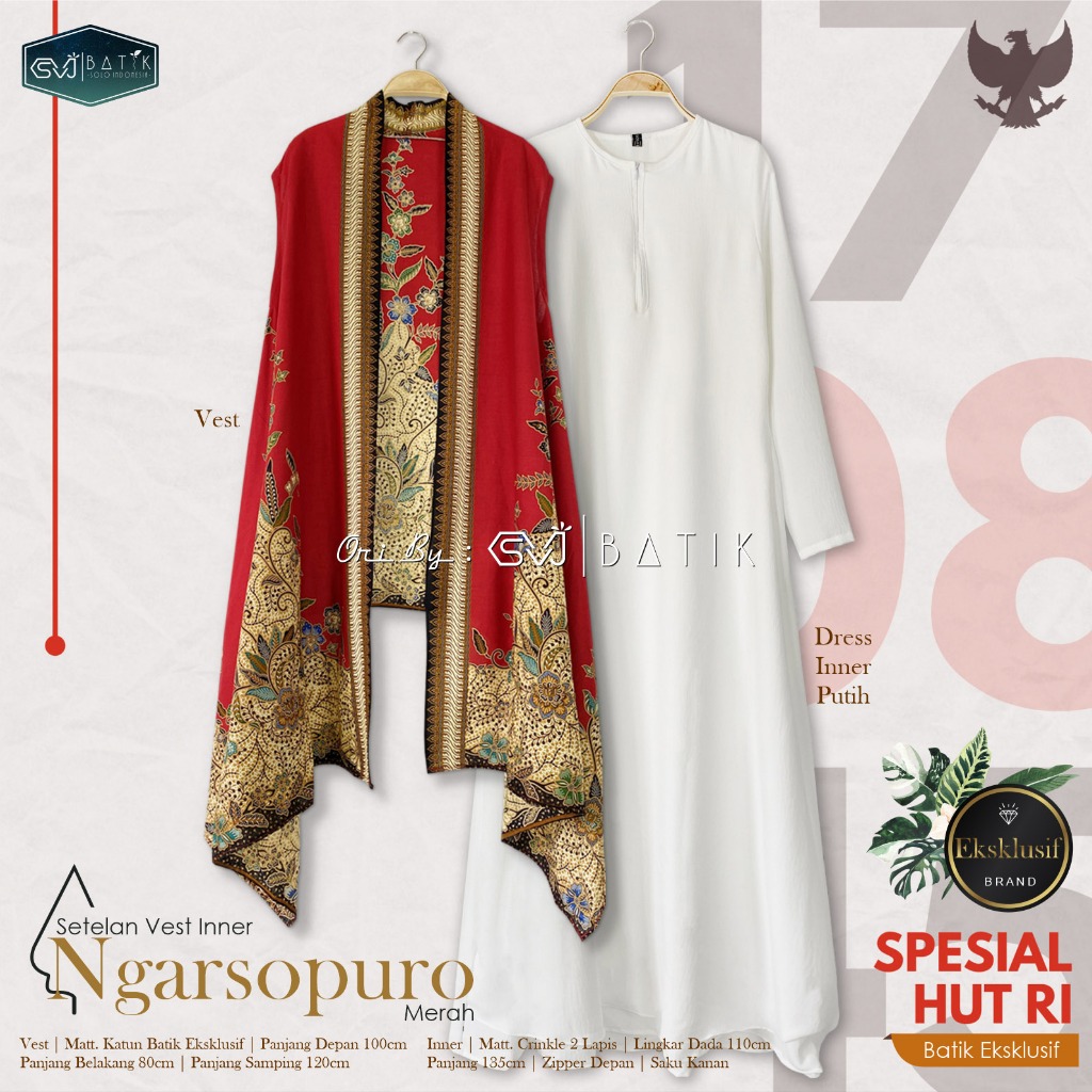 SETELAN HUT RI KEMERDEKAAN MERAH PUTIH LONG CARDINGAN BATIK PANJANG ONE SET INNER BATIK MIX CRINKLE