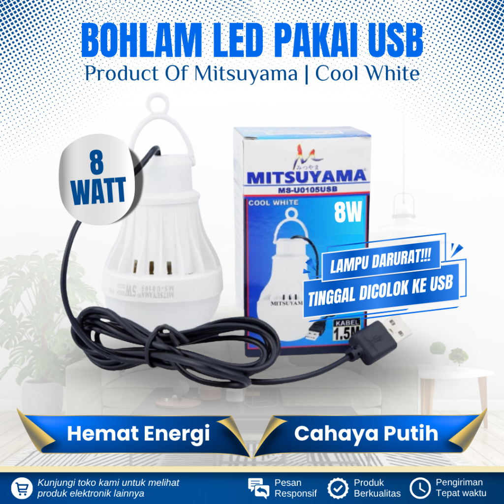 LAMPU BOHLAM LED 8 WATT KABEL USB CAHAYA PUTIH LAMPU USB 8 WATT LAMPU DARURAT LED 8 WATT KABEL USB