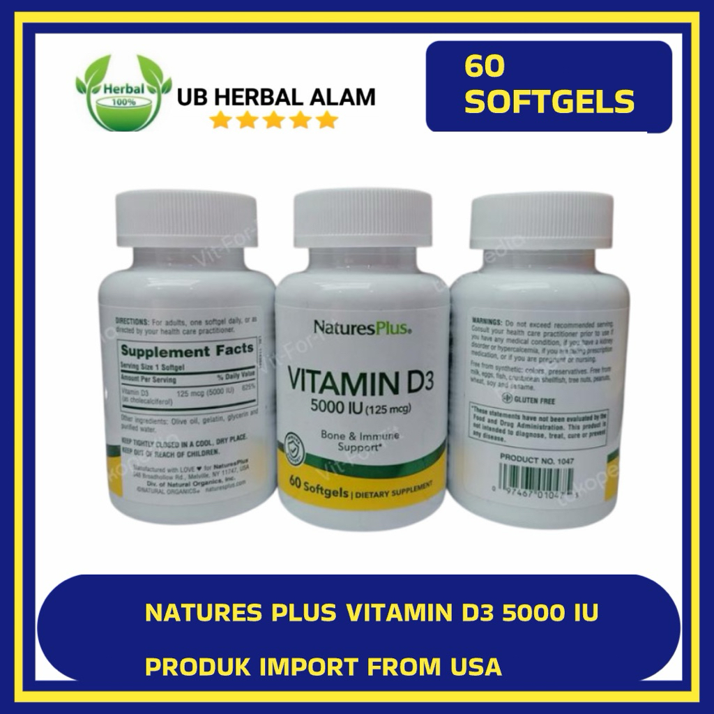 Natures Plus Vitamin D3 5000 IU 60 Softgels USA
