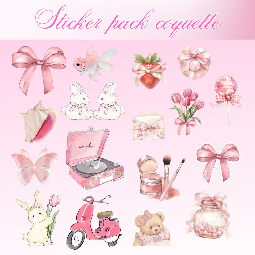 

17 PCS STICKER PACK COQUETTE SERIES, STICKER PINK COQUETTE, STICKER TUMBLR, LAPTOP, SCRAPBOOK, JOURNALING