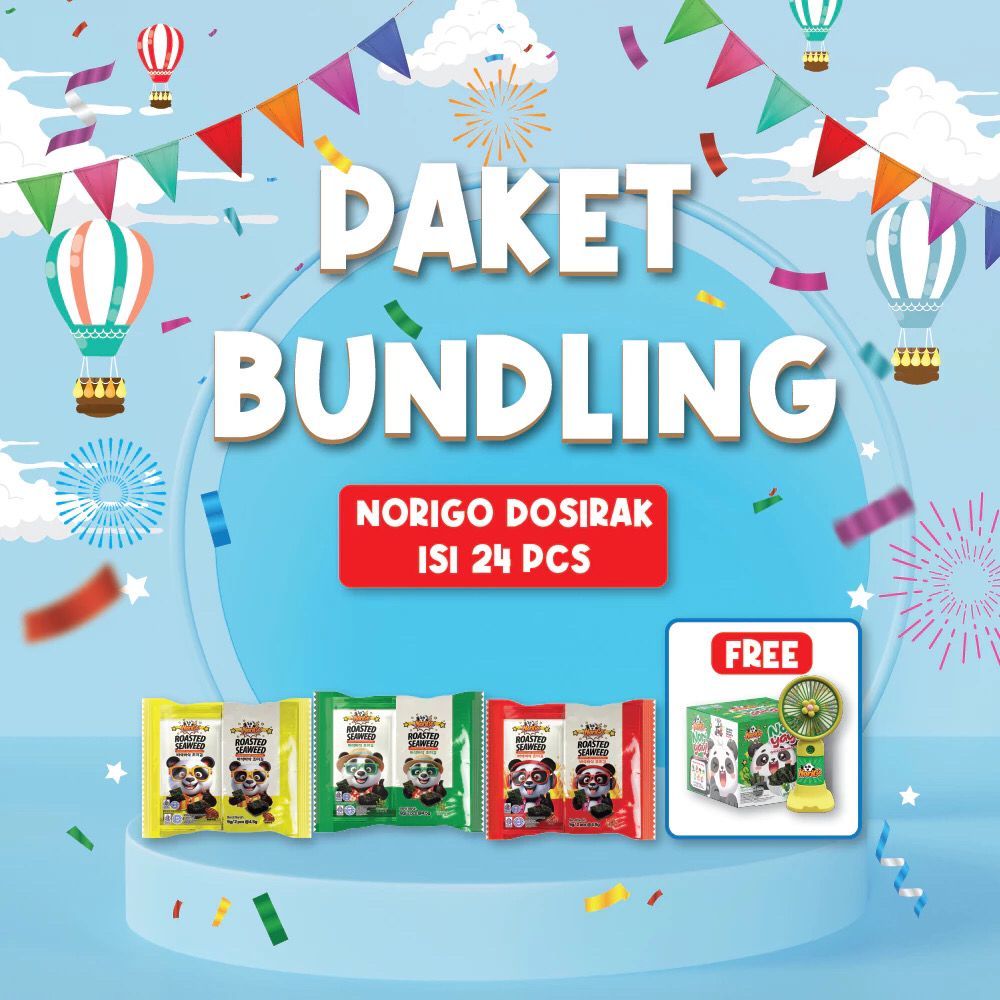

(PAKET BUNDLING) HALAL NORIGO DOSIRAK RUMPUT LAUT PANGGANG ISI 24 PCS FREE MINI FAN PORTABLE & 1 BOX NORI YAY