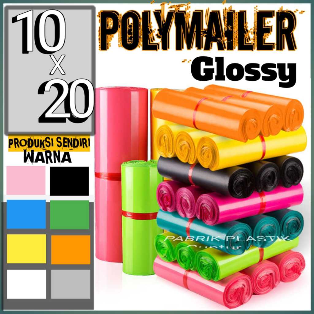 Packing Polymailer Glossy 10x20cm Tebal Warna Hitam Putih Silver Biru Ungu Hijau Kuning Oren Pink