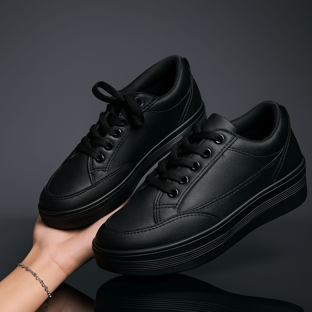 sepatu sekolah sneakers full hitam anak SD, SMP, SMA KULIAH cowok/cewek