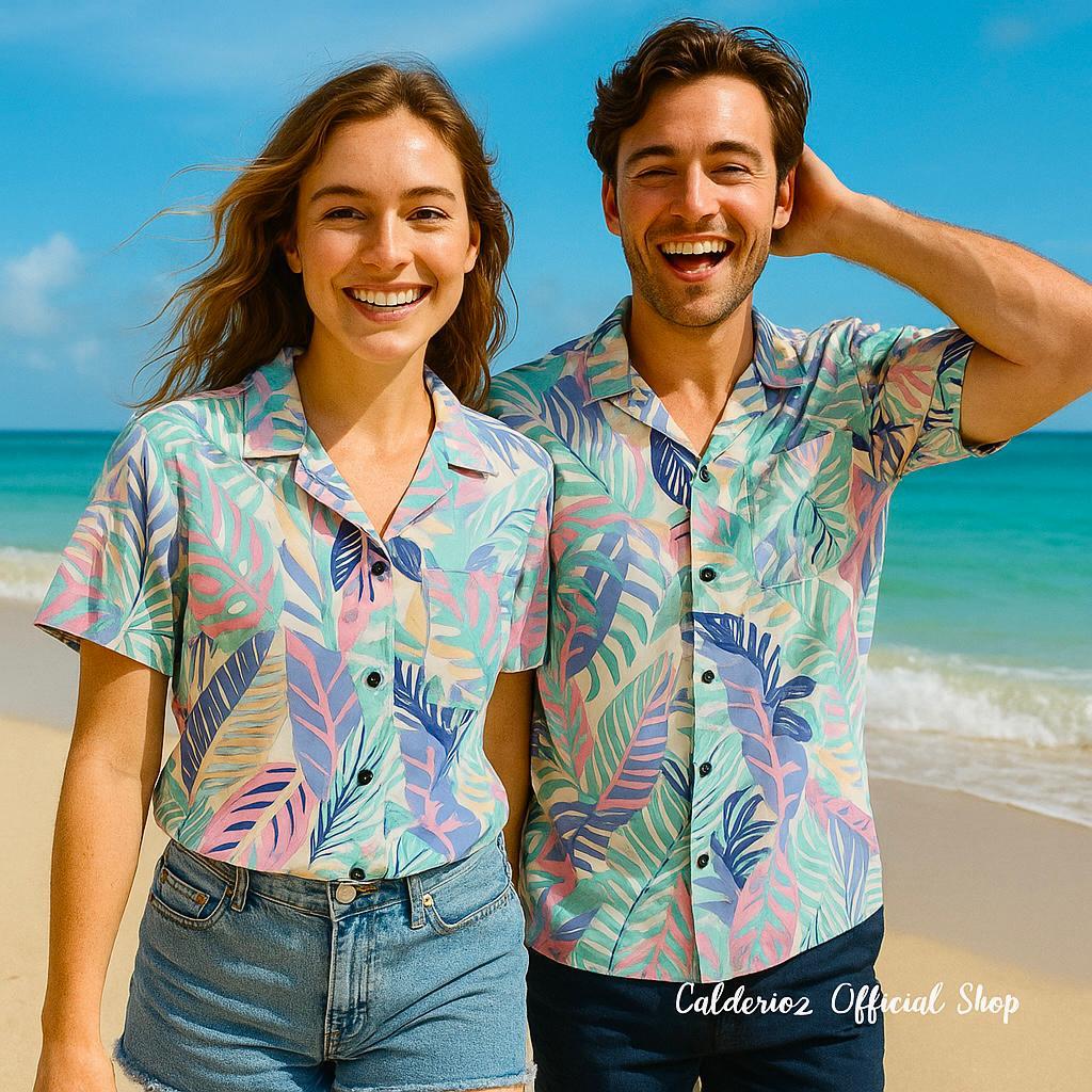 Calderioz - Kemeja Hawaii Couple Pria Wanita Motif Daun Tropis Warna Cerah Lengan Pendek | Harga 1PC