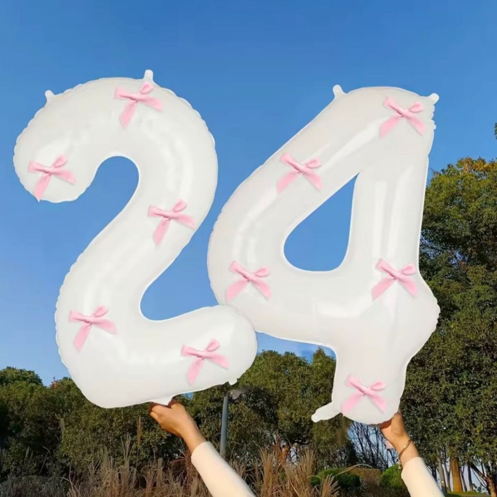 Balon foil angka putih jumbo 80cm hiasan pita coquette balon angka putih pita couquette paket balon 