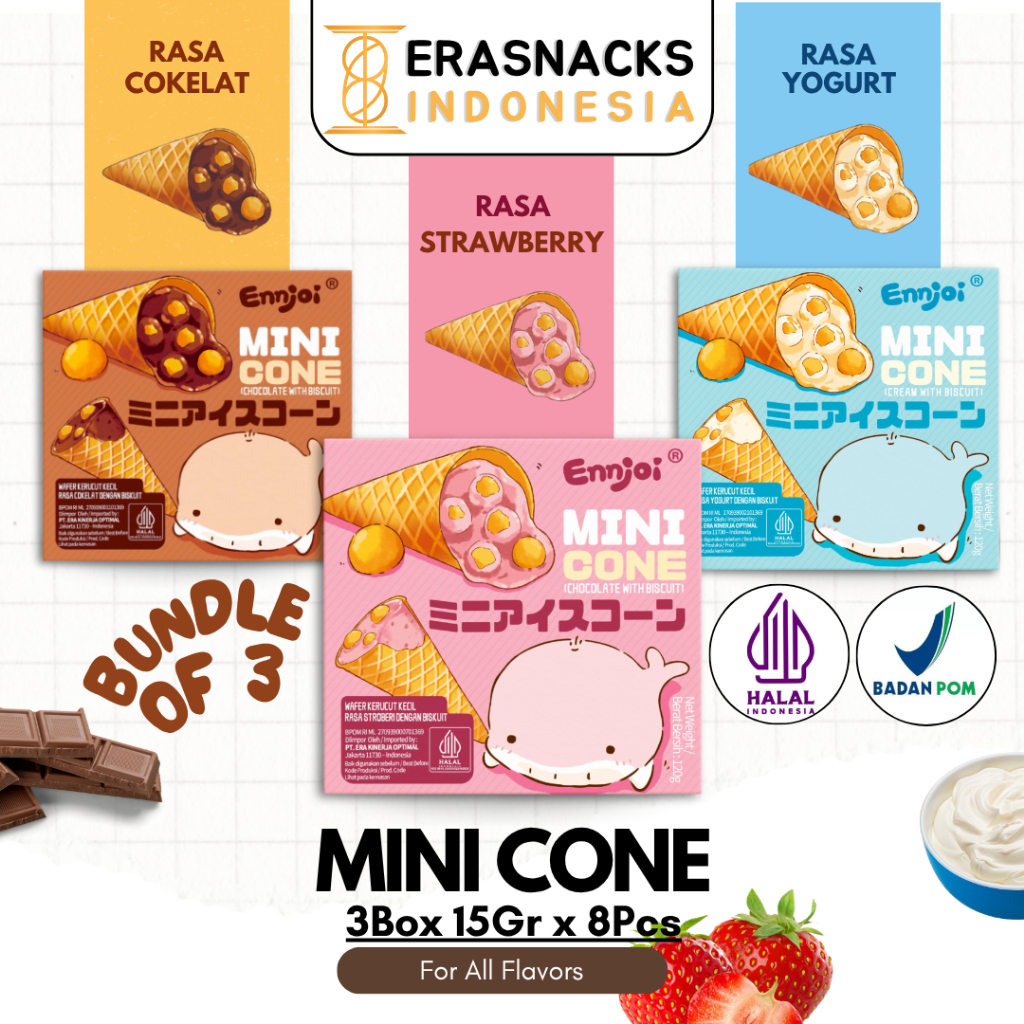 

BUNDLE 3 BOX ENNJOI MINI CONE CREAM WITH BISCUIT - WAFER KERUCUT KECIL RASA COKELAT 3 BOX 15Gr x 8Pcs