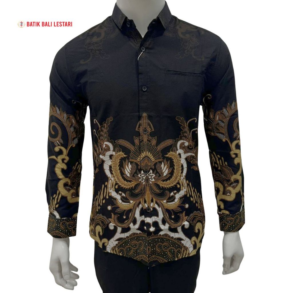 Batik Bali Lestari Kemeja Pria Lengan panjang Slimfit Katun Hitam (MU23)