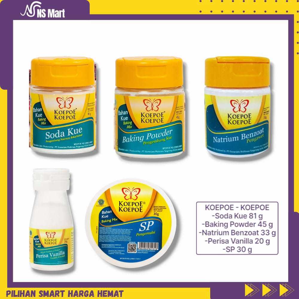 

Koepoe Bahan Roti Soda Kue / Baking Powder / Natrium Benzoat / Perisa Vanilla / Pengemulsi SP