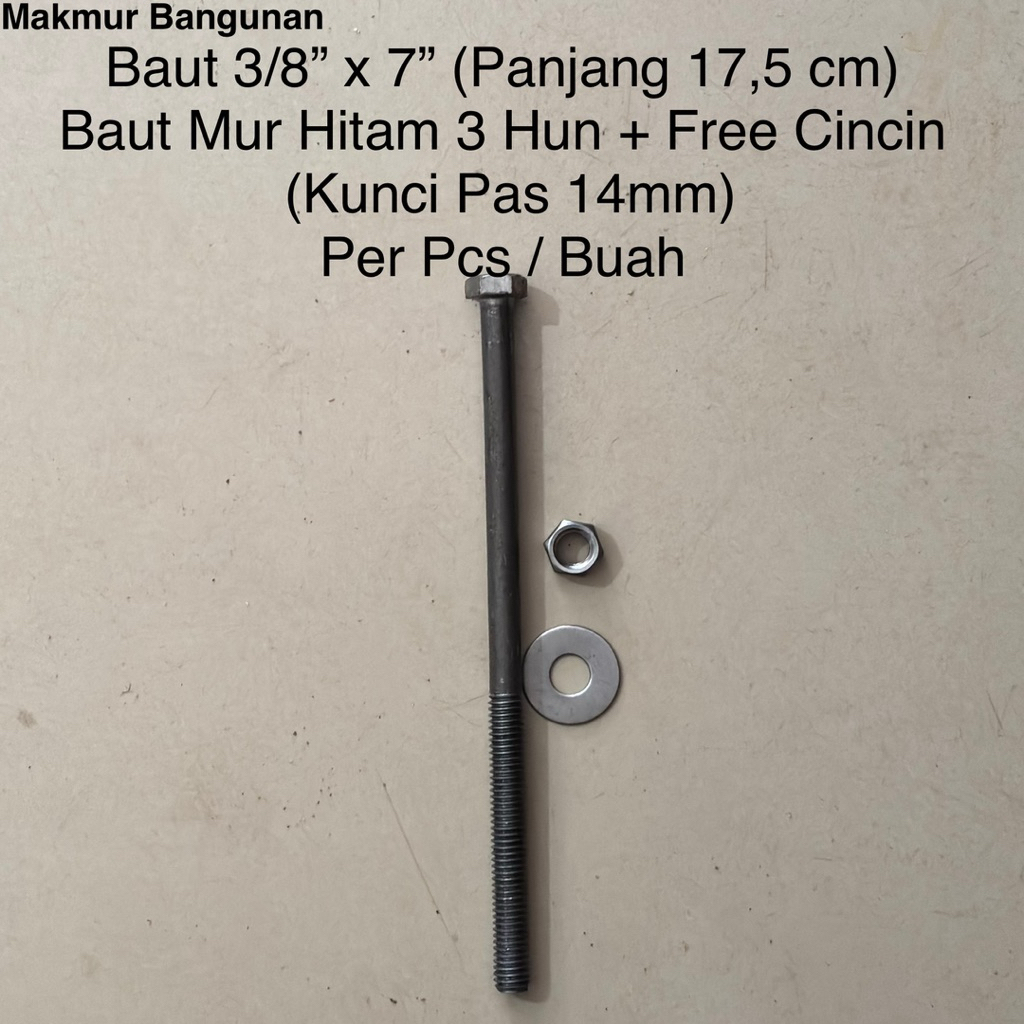 Baut Mur Hitam 3/8” x 7” Inch (Panjang 18 cm) + Free Cincin | Baut Mur 3 Hun 18cm Per Pcs | Kunci Pa