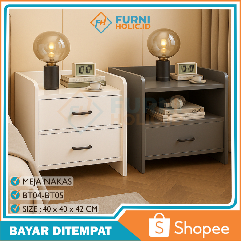 FURNIHOLIC Meja Nakas / Meja Samping Kamar Tidur Minimalis / Rak Meja Kecil / Bedside Table