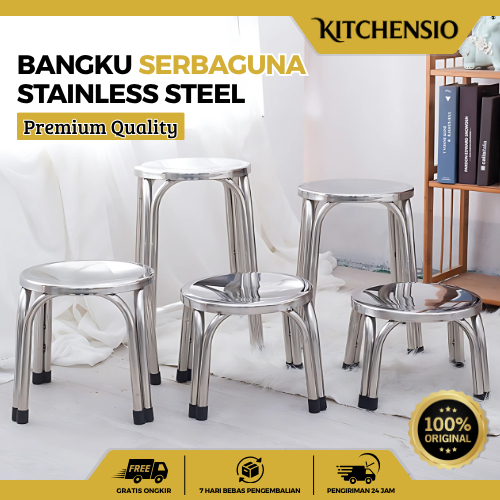 Kitchensio - Bangku Bulat Stainless Steel Tempat Duduk Bakso Serbaguna Bangku Besi Santai Cafe Bar