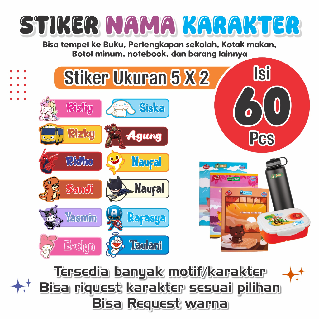 

STIKER NAMA, LABEL NAMA, STIKER BUKU, LABEL BOTOL KARAKTER