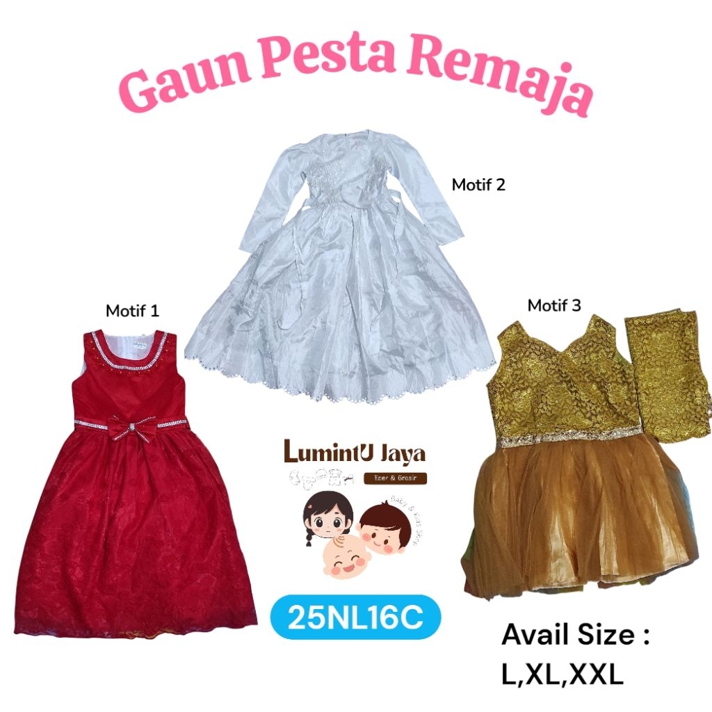 Gaun Pesta Remaja | Putih | Merah | Gold
