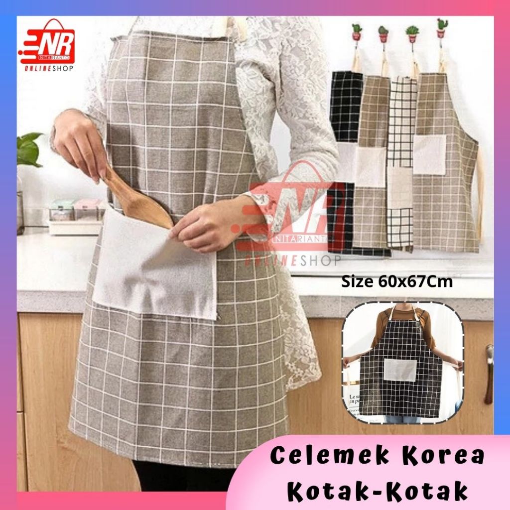 Celemek Masak Korea Kotak Kotak Bahan Katun Linen Apron Masak / Celemek Kain Plus Tali / Celemek Ant