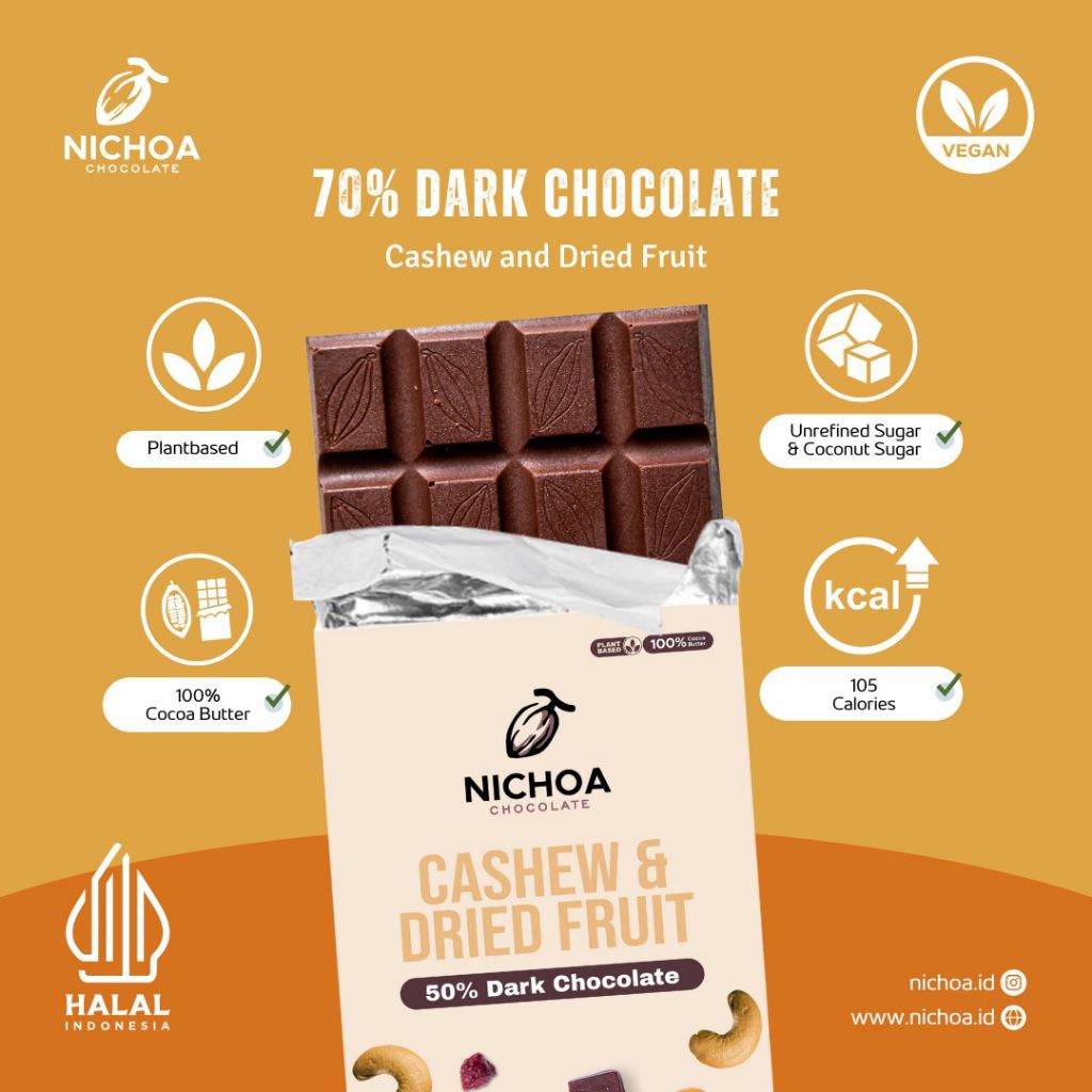 

50% Dark Chocolate - Cashew & Dried Fruit (Cranberry & Apricot) by Nichoa