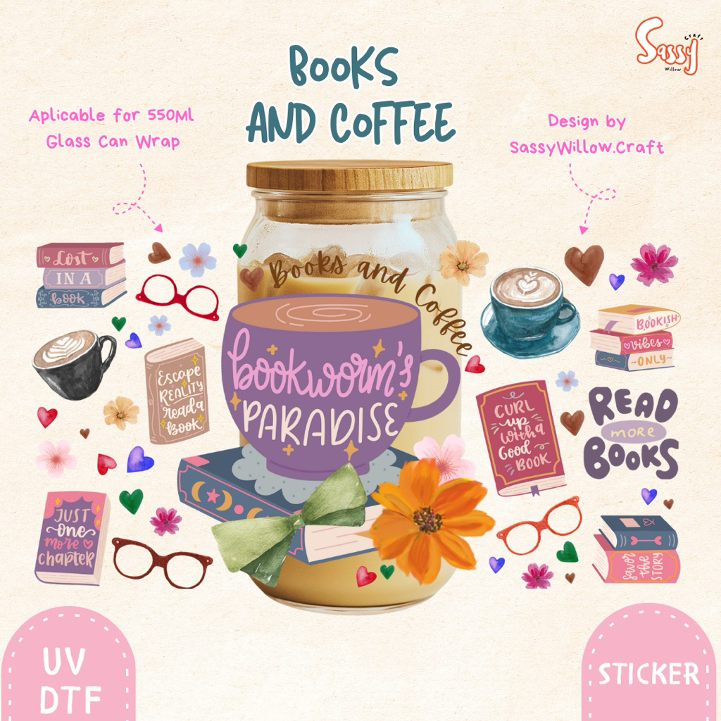 

Sitcker Tumbler Aesthetic UV DTF | Books and Coffee | Sassy Willow