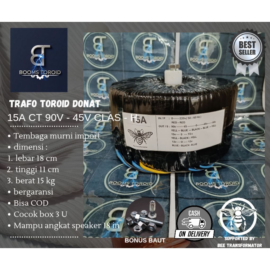 trafo toroid donat 15A CLASS H CT 90V - 45V murni