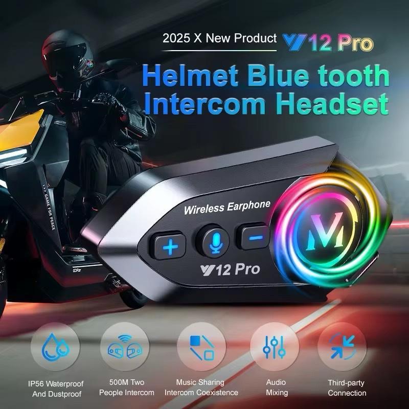 INTERCOM Y12 PRO Headset Helm Bluetooth 2 Way Intercom Water Resistant IP56 Music Sharing 500M New D