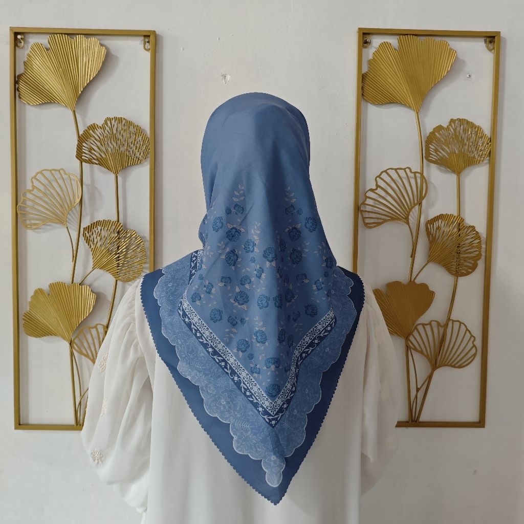 Hijab Segi Empat Motif Standar Hitam putih denim Ungu Jilbab Motif Ziper