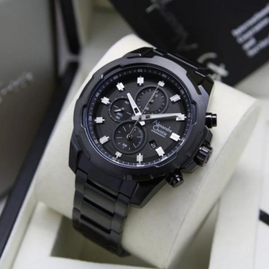 JAM TANGAN PRIA ORIGINAL ALEXANDRE CHRISTIE AC6523MC  ALL BLACK  STAINLESS STEEL
