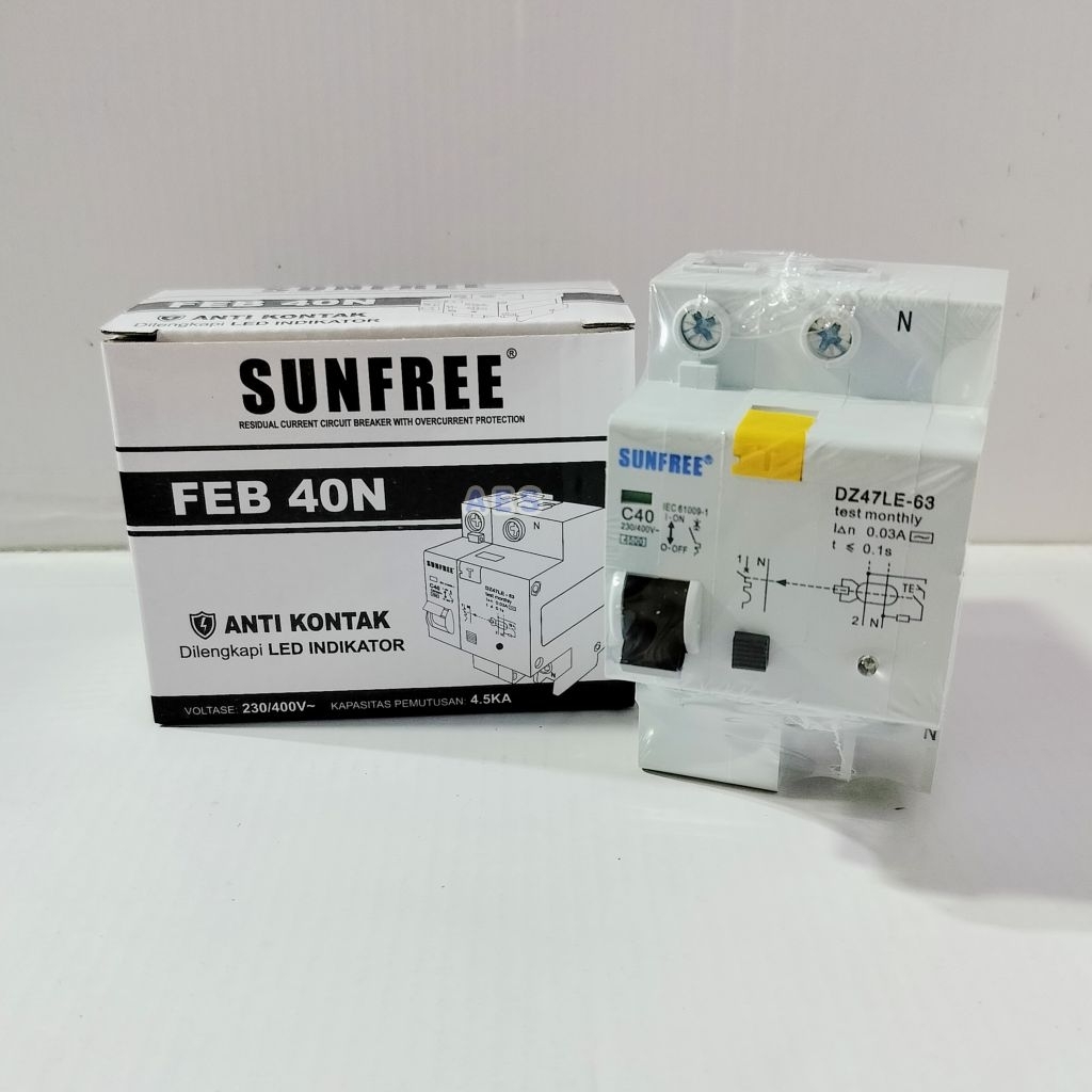 Sunfree FEB 40N Anti Kontak Listrik / Anti Konslet ELCB / MCB 40 A dengan Indikator LED