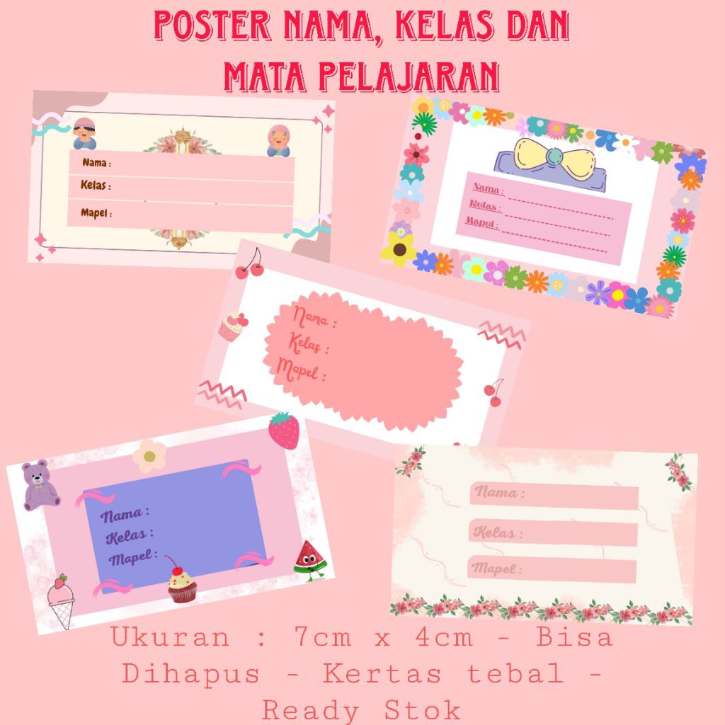 

*GRAFIS_IKA* Poster Nama, Kelas dan Mata Pelajaran - Pink - WipeClean - ISI 20 - Bahan Kertas Tebal - Ukuran 7x4cm - Termurah
