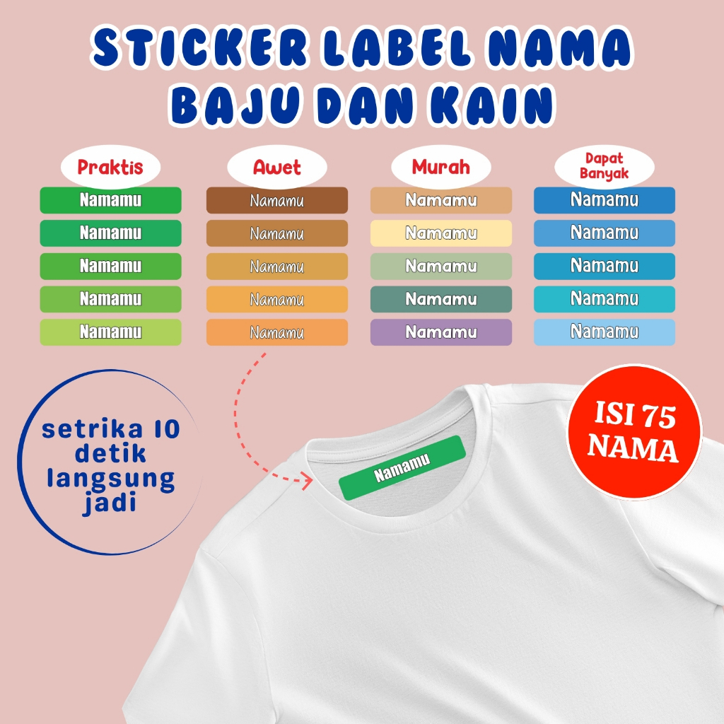 

Sticker Label Nama Kain Baju 75 Pcs Kaos Sablon Setrika DTF Iron Custom Tulisan Contour Tebal